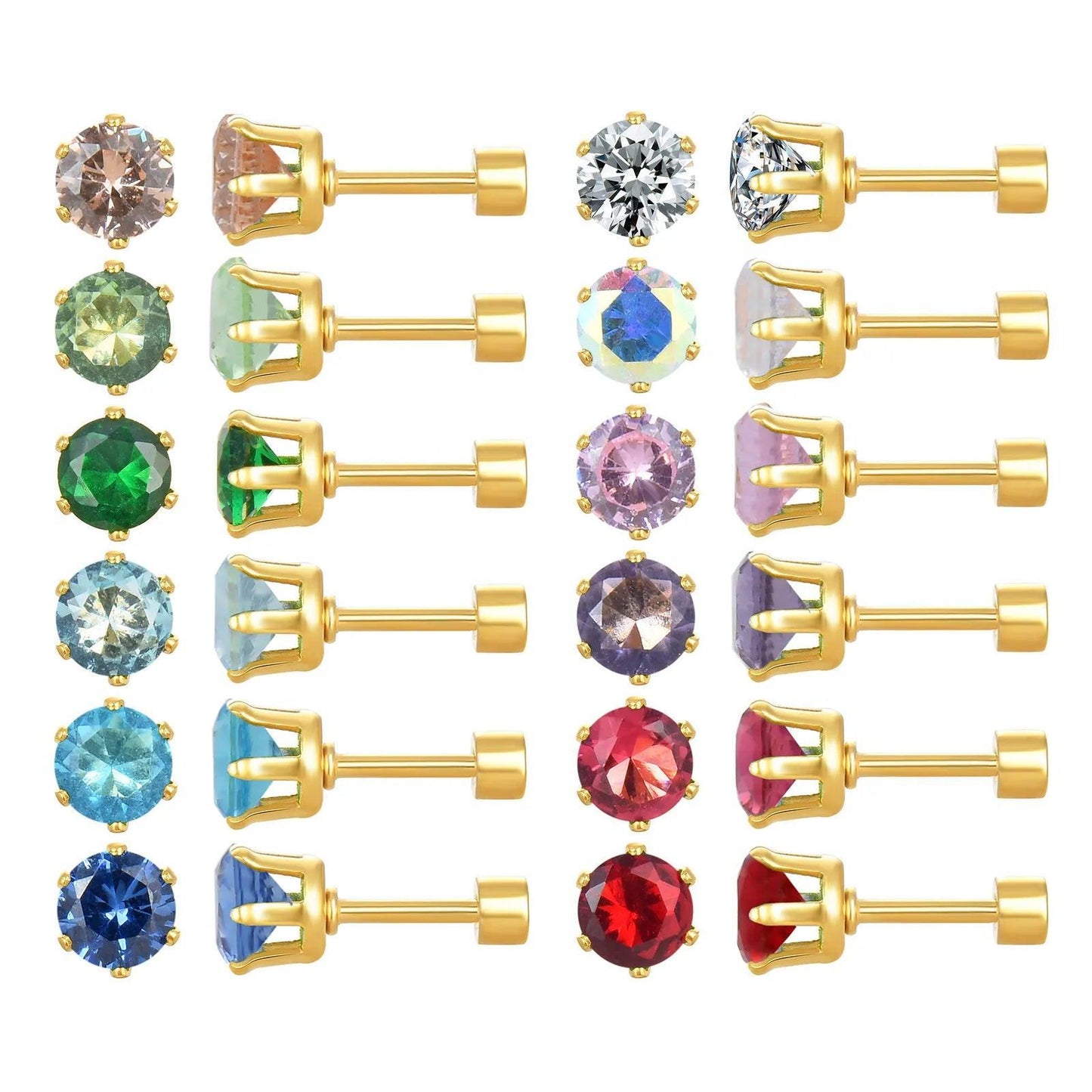 12 Pairs of 18K Gold Plated Surgical Stainless Steel Stud Earrings with Cubic Zirconia Birthstones CHILLSTAR