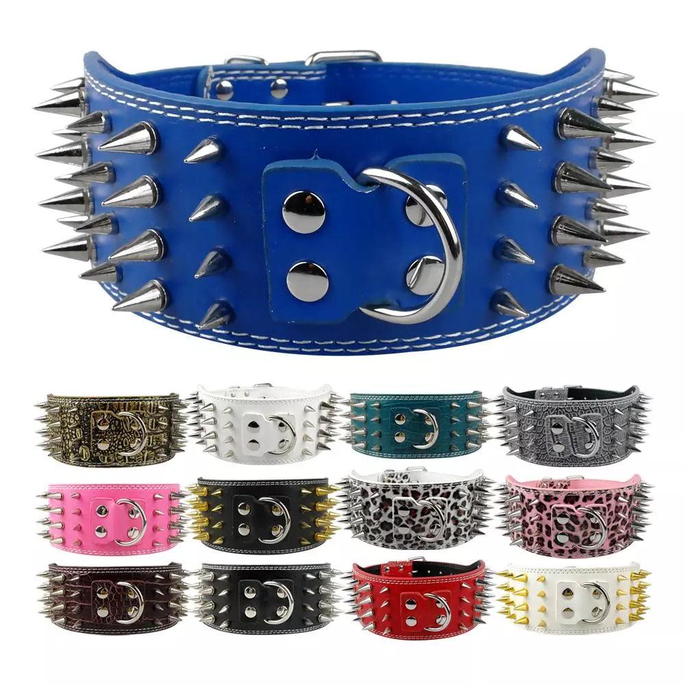 3" Wide Spiked Leather Dog Collar for Large Breeds (Pitbull, Doberman) in M, L, XL Sizes. - CHILLSTAR