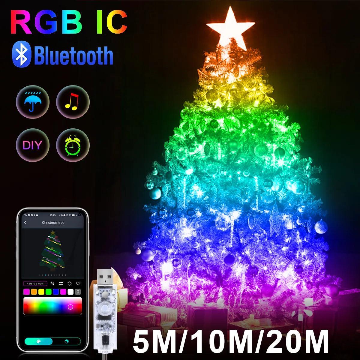 Bluetooth-enabled LED Christmas lights in 20M, 10M, and 5M lengths for festive home party decor. CHILLSTAR