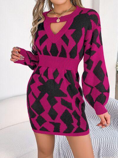 Contrast Round Neck Cutout Long Sleeve Mini Sweater Dress CHILLSTAR