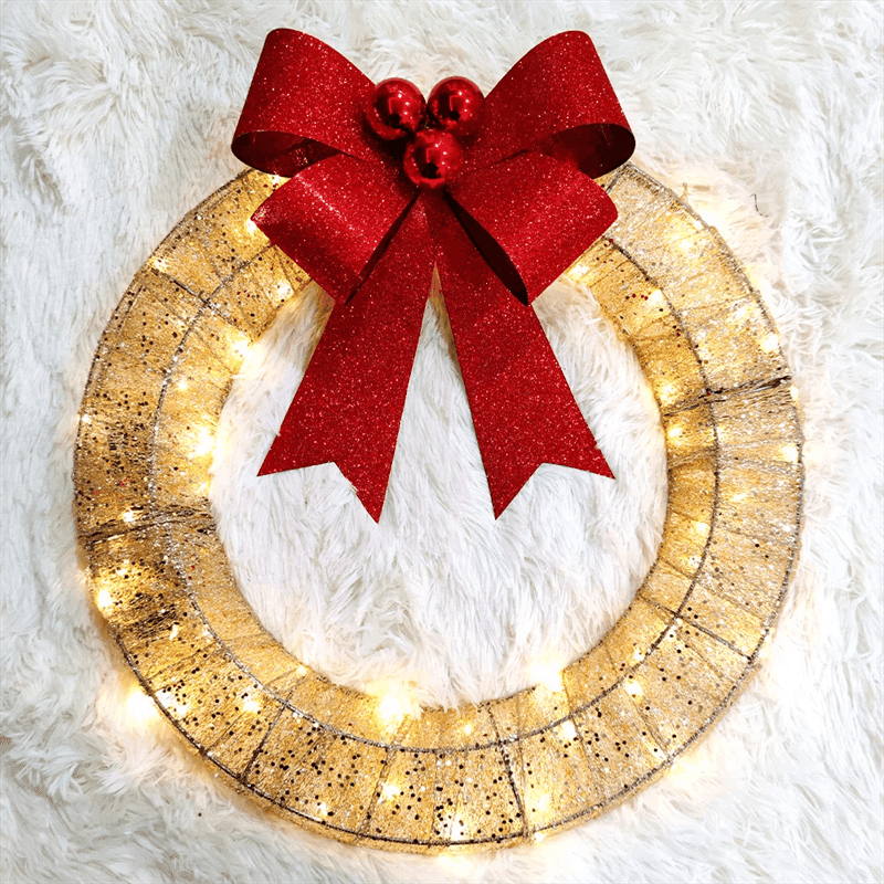 Festive Radiance: 50CM Luminous LED Christmas Garland with Warm Light, Metal Wreath, and Big Bowknot – Perfect for Holiday Home Decor CHILLSTAR