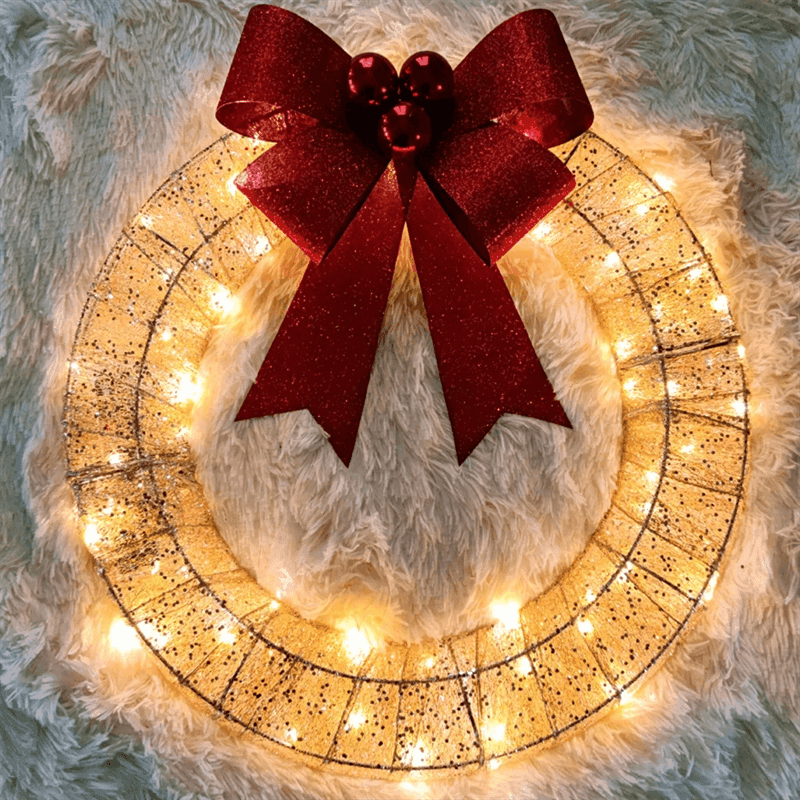 Festive Radiance: 50CM Luminous LED Christmas Garland with Warm Light, Metal Wreath, and Big Bowknot – Perfect for Holiday Home Decor CHILLSTAR