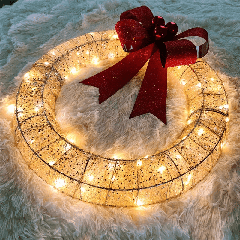 Festive Radiance: 50CM Luminous LED Christmas Garland with Warm Light, Metal Wreath, and Big Bowknot – Perfect for Holiday Home Decor CHILLSTAR