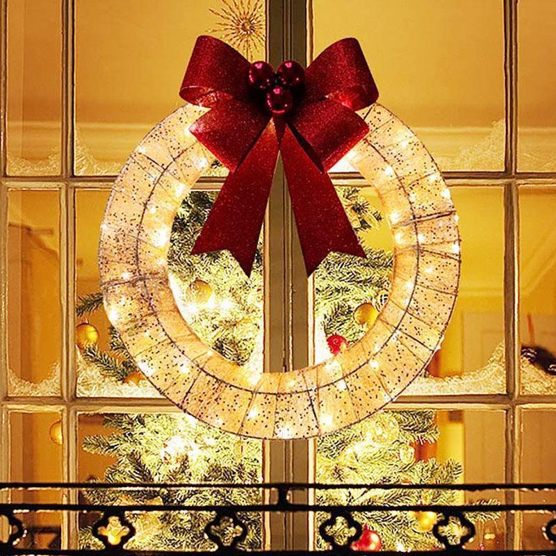 Festive Radiance: 50CM Luminous LED Christmas Garland with Warm Light, Metal Wreath, and Big Bowknot – Perfect for Holiday Home Decor CHILLSTAR