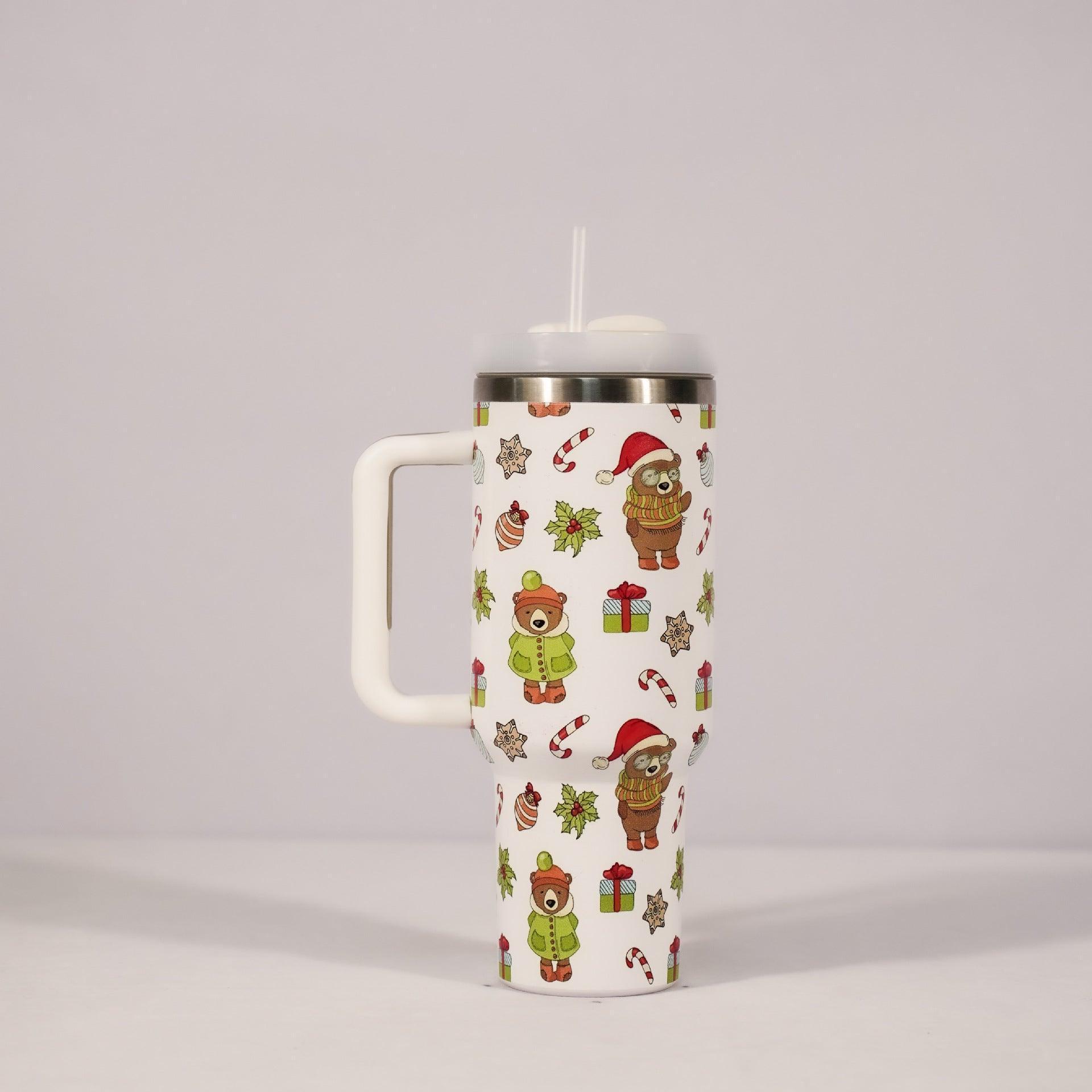 Joyful Jingles: Festive Stainless Steel Christmas Tumbler with Handle, Lid, and Straw - Perfect for Car Travel and Cozy Coffee Moments CHILLSTAR