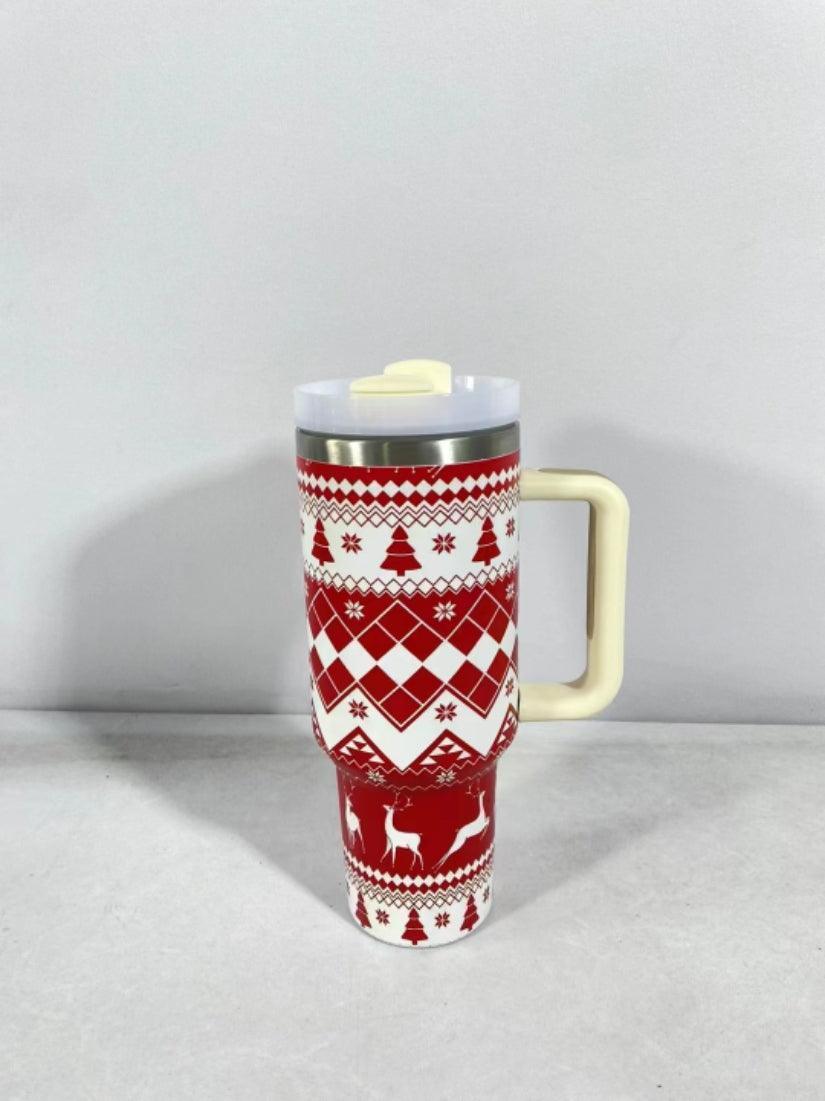 Joyful Jingles: Festive Stainless Steel Christmas Tumbler with Handle, Lid, and Straw - Perfect for Car Travel and Cozy Coffee Moments CHILLSTAR