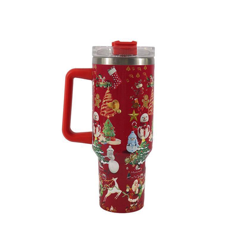 Joyful Jingles: Festive Stainless Steel Christmas Tumbler with Handle, Lid, and Straw - Perfect for Car Travel and Cozy Coffee Moments CHILLSTAR