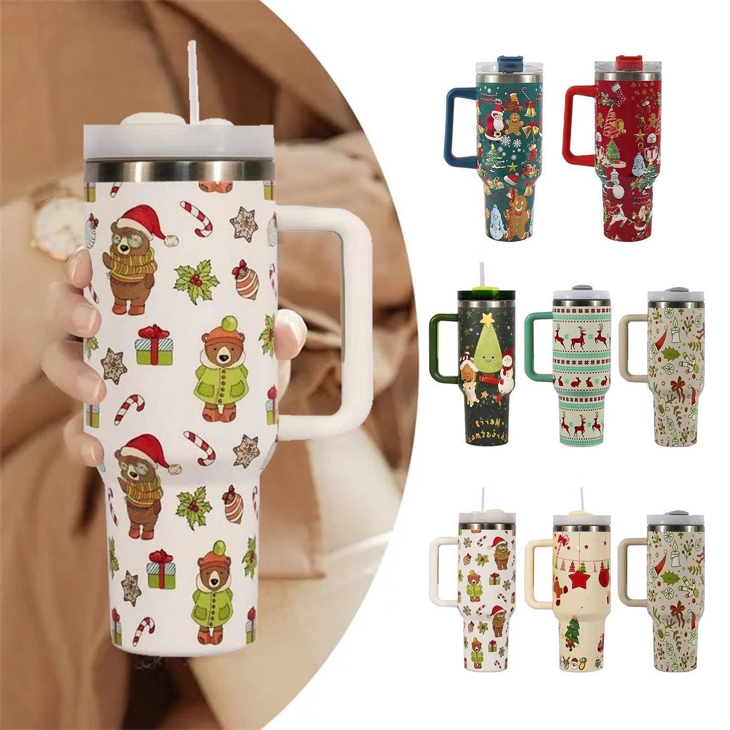 Joyful Jingles: Festive Stainless Steel Christmas Tumbler with Handle, Lid, and Straw - Perfect for Car Travel and Cozy Coffee Moments CHILLSTAR