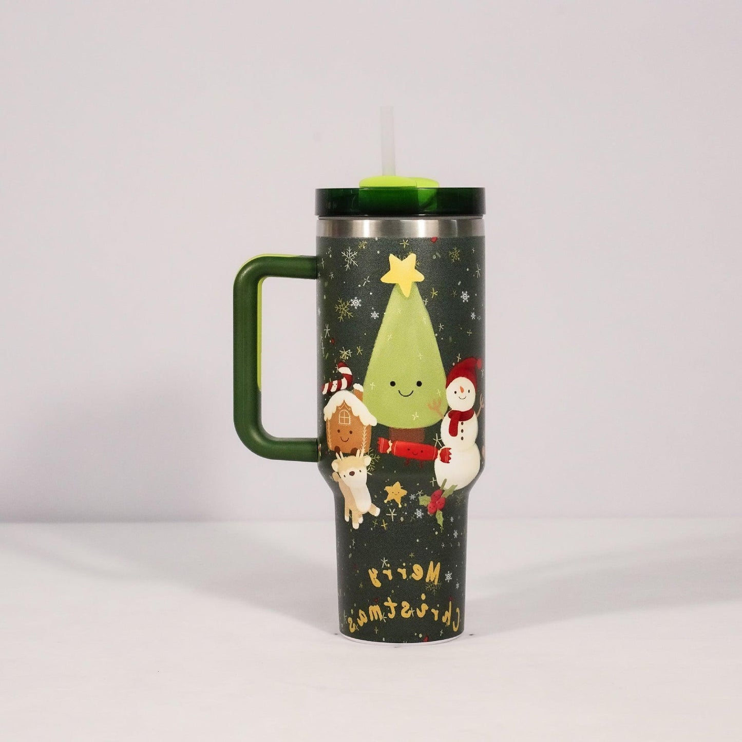 Joyful Jingles: Festive Stainless Steel Christmas Tumbler with Handle, Lid, and Straw - Perfect for Car Travel and Cozy Coffee Moments CHILLSTAR