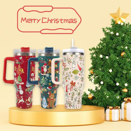 Joyful Jingles: Festive Stainless Steel Christmas Tumbler with Handle, Lid, and Straw - Perfect for Car Travel and Cozy Coffee Moments CHILLSTAR