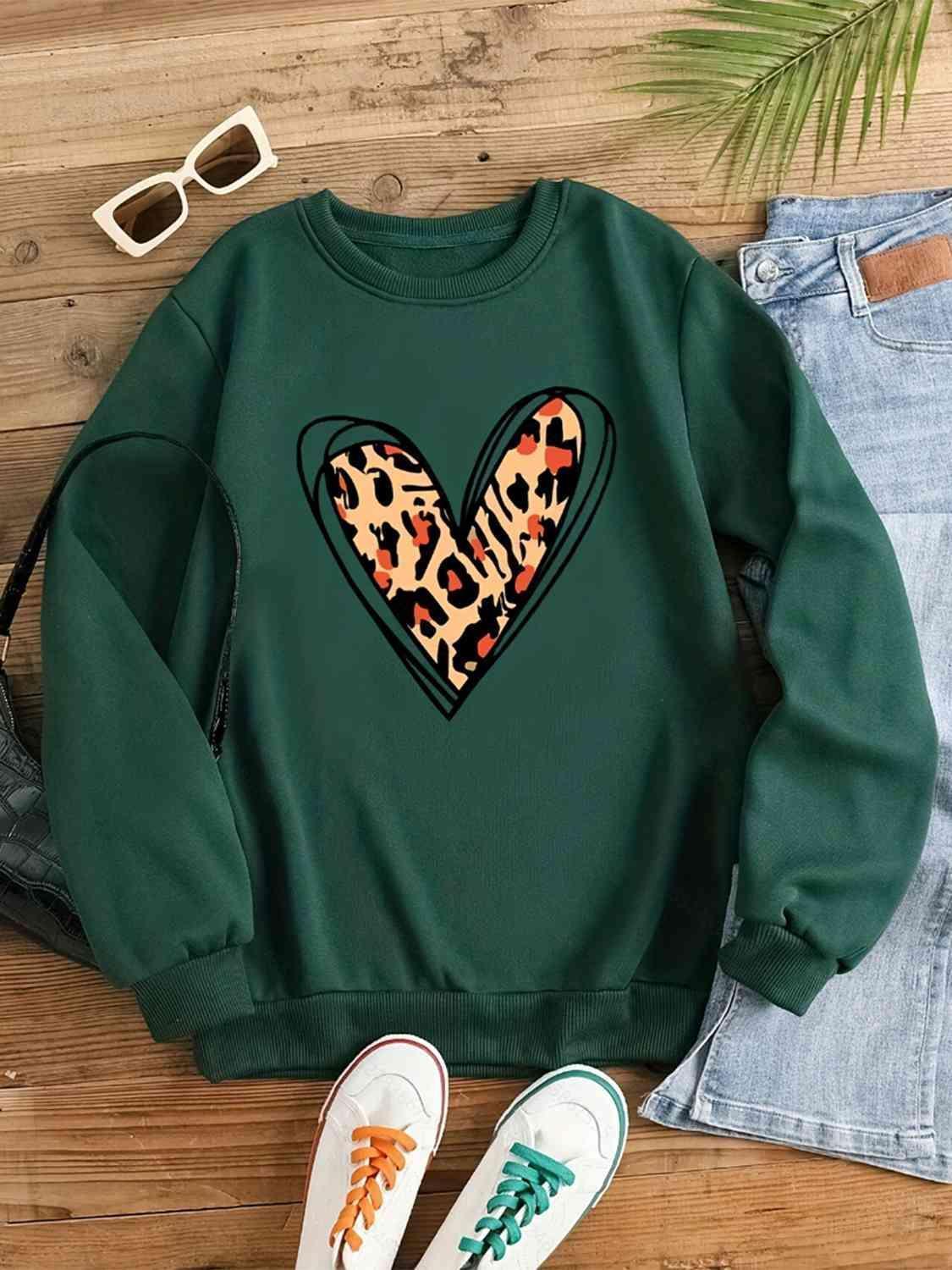 Leopard Heart Round Neck Long Sleeve Sweatshirt CHILLSTAR