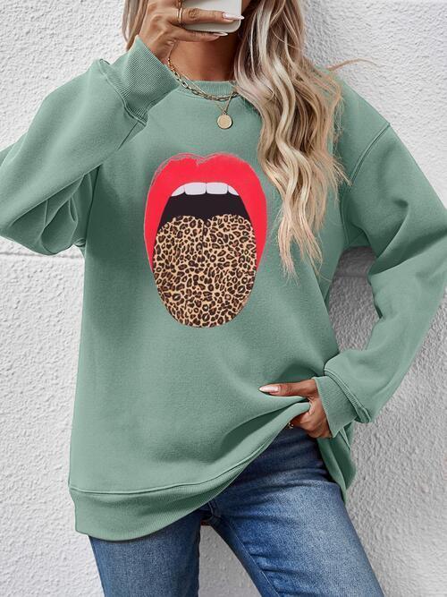 Leopard Lip Graphic Round Neck Sweatshirt CHILLSTAR