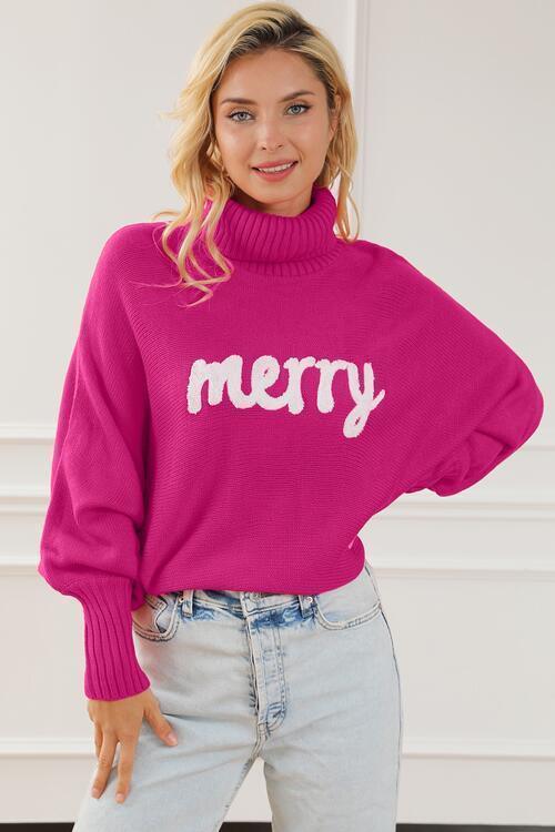 Merry Letter Embroidered High Neck Sweater CHILLSTAR