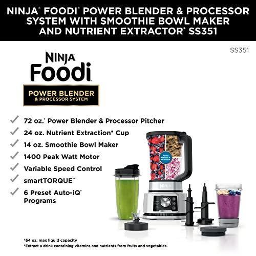 Ninja SS351 Foodi Power Blender & Processor System 1400 WP Smoothie Bowl Maker & Nutrient Extractor* 6 Functions for Bowls, Spreads, Dough & More, smartTORQUE, 72-oz.** Pitcher & To-Go Cups, Silver CHILLSTAR