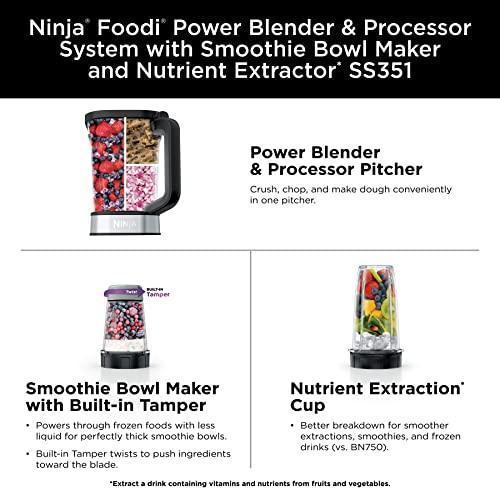 Ninja SS351 Foodi Power Blender & Processor System 1400 WP Smoothie Bowl Maker & Nutrient Extractor* 6 Functions for Bowls, Spreads, Dough & More, smartTORQUE, 72-oz.** Pitcher & To-Go Cups, Silver CHILLSTAR