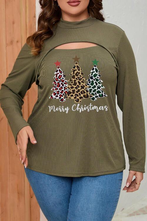 Plus Size Christmas Tree Graphic Cutout Round Neck Long Sleeve Blouse CHILLSTAR