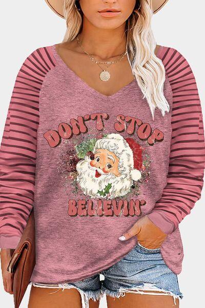 Plus Size DON'T STOP BELIEVIN Striped Long Sleeve T-Shirt CHILLSTAR