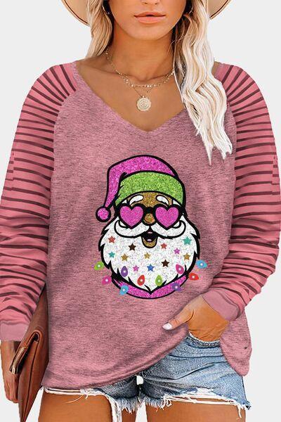 Plus Size Santa Graphic  Striped Long Sleeve T-Shirt CHILLSTAR