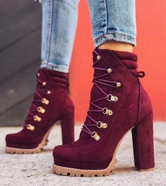 Step into Style: Round Toe Lace-Up Heeled Boots for Women - Elevate Your Look with Chic Mid-Calf Shoes and High Heels CHILLSTAR