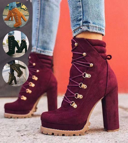 Step into Style: Round Toe Lace-Up Heeled Boots for Women - Elevate Your Look with Chic Mid-Calf Shoes and High Heels CHILLSTAR