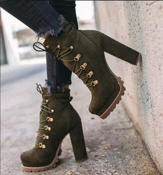 Step into Style: Round Toe Lace-Up Heeled Boots for Women - Elevate Your Look with Chic Mid-Calf Shoes and High Heels CHILLSTAR