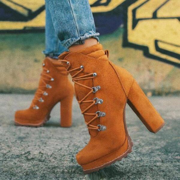 Step into Style: Round Toe Lace-Up Heeled Boots for Women - Elevate Your Look with Chic Mid-Calf Shoes and High Heels CHILLSTAR