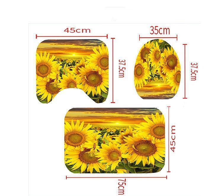 Sunny Blooms Ensemble: Polyester Sunflower Shower Curtain and Four-Piece Waterproof Bathroom Set CHILLSTAR