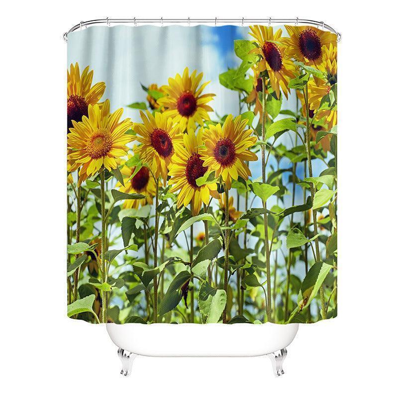 Sunny Blooms Ensemble: Polyester Sunflower Shower Curtain and Four-Piece Waterproof Bathroom Set CHILLSTAR