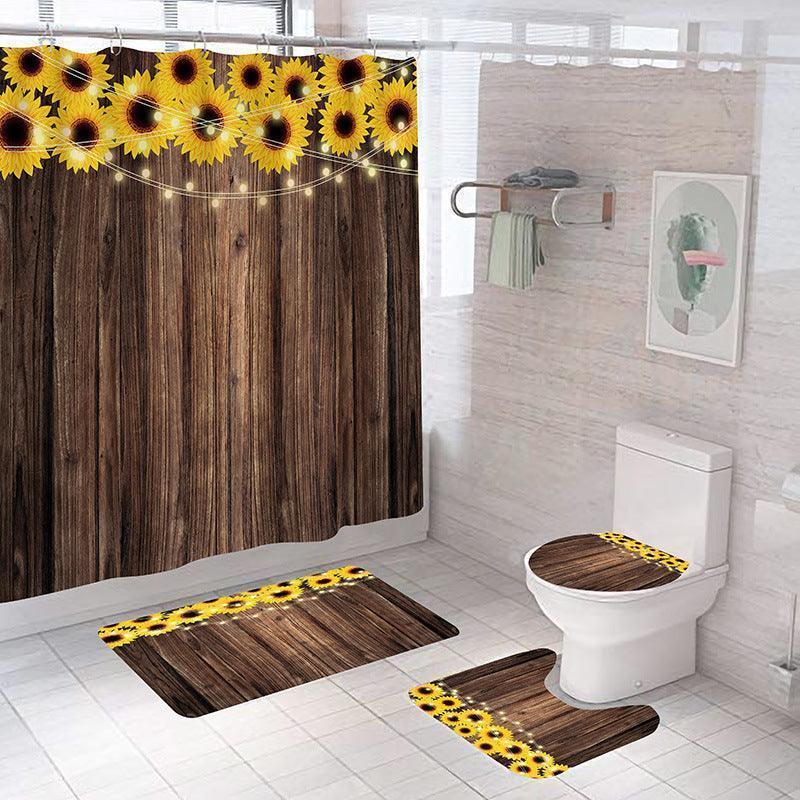 Sunny Blooms Ensemble: Polyester Sunflower Shower Curtain and Four-Piece Waterproof Bathroom Set CHILLSTAR