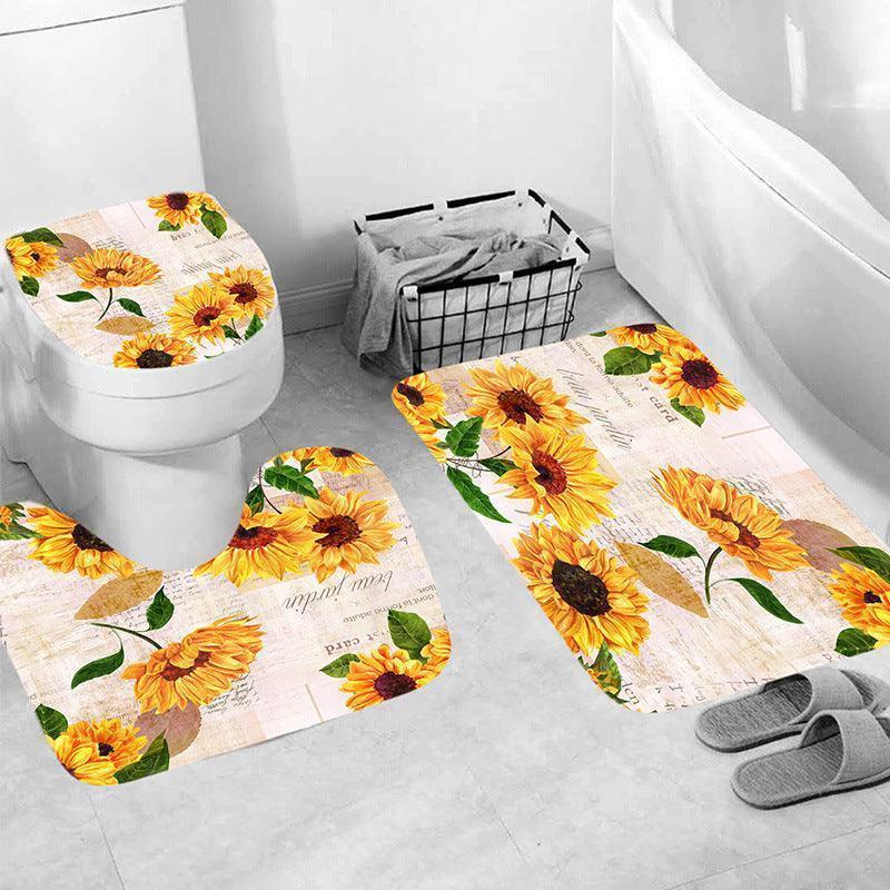 Sunny Blooms Ensemble: Polyester Sunflower Shower Curtain and Four-Piece Waterproof Bathroom Set CHILLSTAR