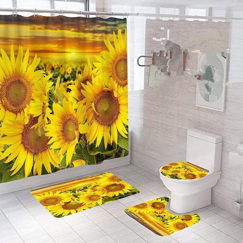 Sunny Blooms Ensemble: Polyester Sunflower Shower Curtain and Four-Piece Waterproof Bathroom Set CHILLSTAR