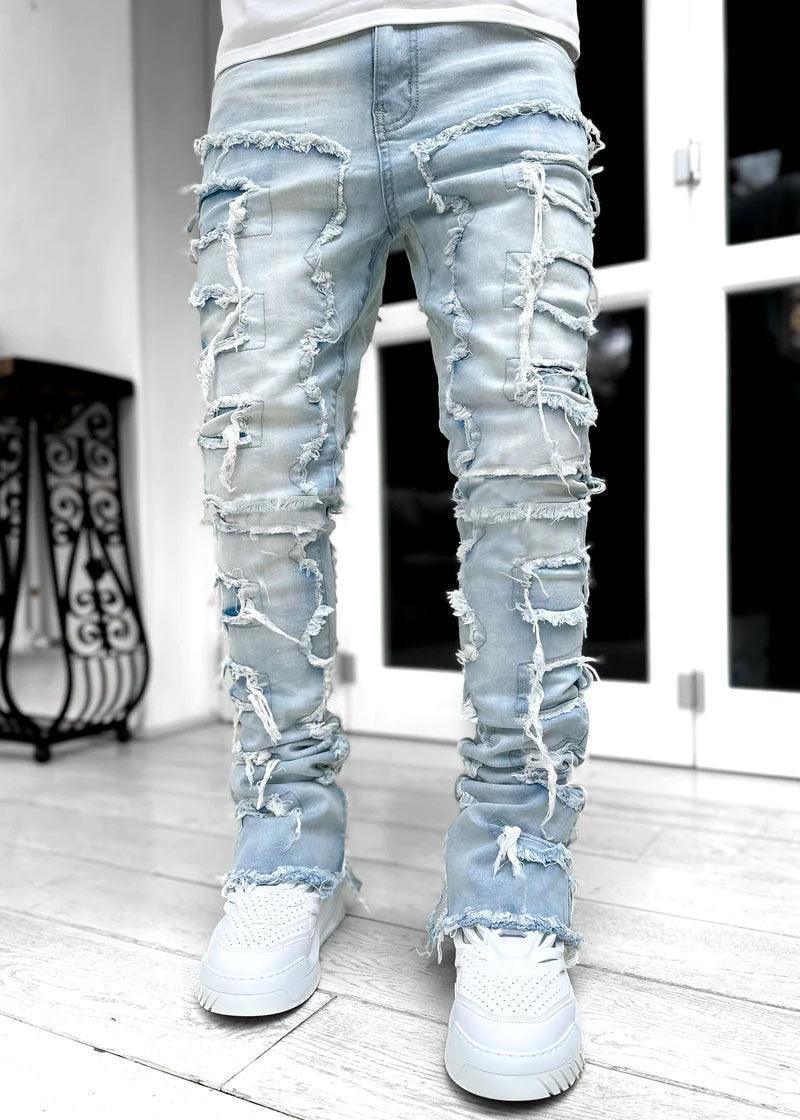 UrbanPatch: Men's Individual Patched Pants – Long, Tight Fit Stacked Jeans for Stylish and Unique Menswear CHILLSTAR