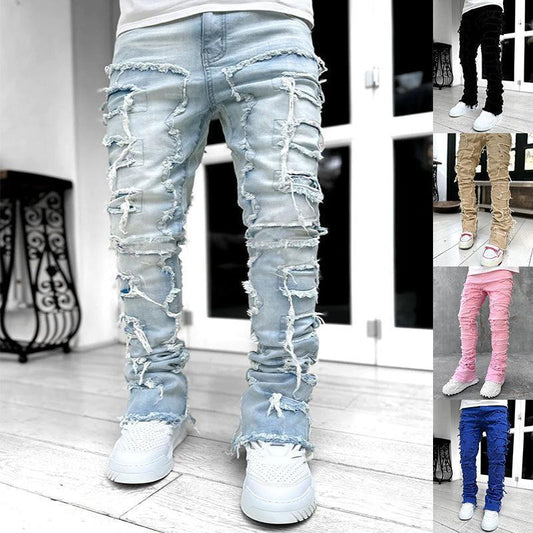 UrbanPatch: Men's Individual Patched Pants – Long, Tight Fit Stacked Jeans for Stylish and Unique Menswear CHILLSTAR