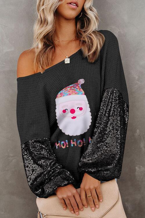 Waffle-Knit Santa Graphic Sequin Long Sleeve Blouse CHILLSTAR